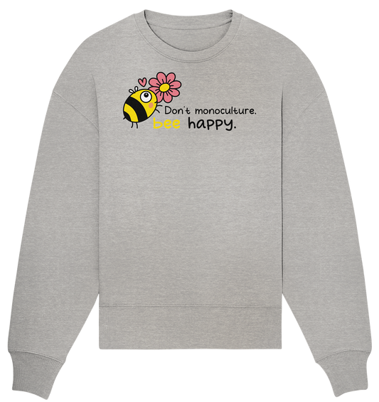 Vegan, Organic & Recycled Oversized Sweatshirt: Save the bees (bedruckt mit süßer Biene im Comic Stil, kleinem rosa Herz und Blume, Schriftzug, Vegan Merch, Insektenschutz, Rettet die Bienen, Wildbienen schützen, Tierschutz) in grau