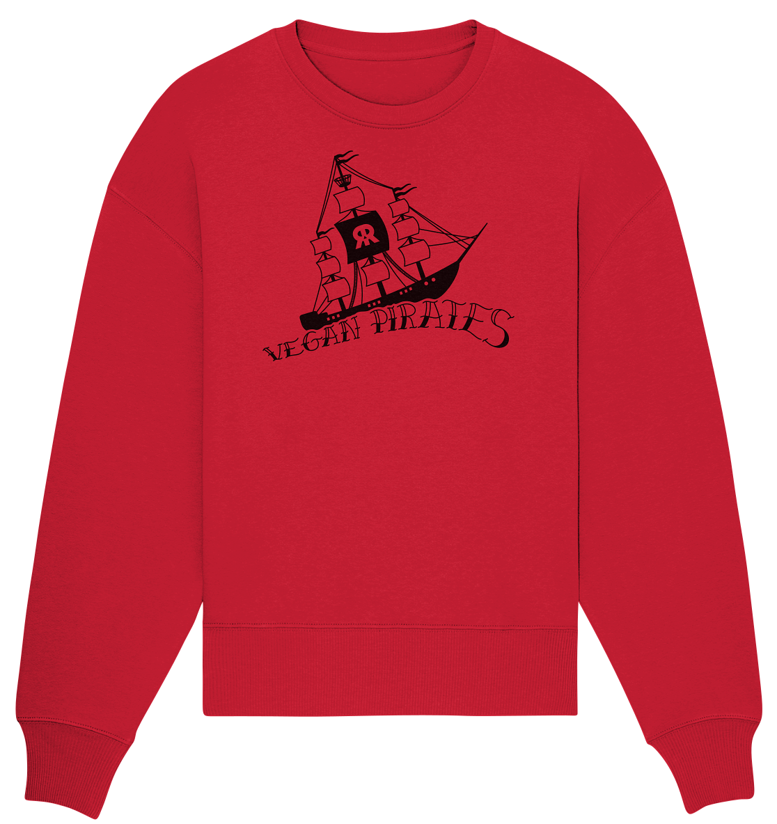 Vegan, Organic & Recycled Oversized Sweatshirt: Vegan Pirates (Piratenschiff und Schriftzug in Wellenform, maritim, Schutz Meereslebewesen) in rot