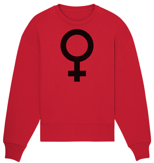 Vegan, Organic & Recycled Oversized Sweatshirt: Das Venus Symbol als Zeichen für den Feminismus (bedruckt mit Weiblichkeitssymbol Venus in der Mitte Feminismus Merch, feministische Kleidung, Matriarchat) in rot