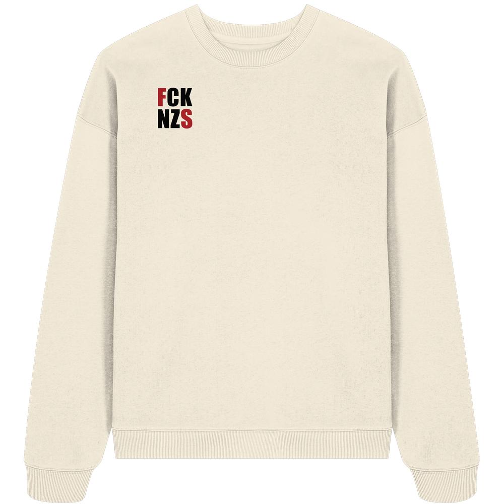 Vegan und Bio Oversized Sweatshirt mit FCK NZS-Print, roten Highlights, aus 100% Bio-Baumwolle, rebellisches Design von RUDE REBEL.
