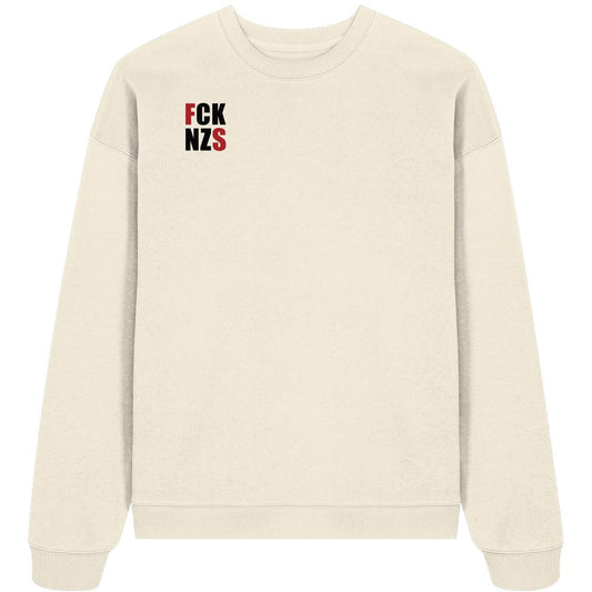 Vegan und Bio Oversized Sweatshirt mit FCK NZS-Print, roten Highlights, aus 100% Bio-Baumwolle, rebellisches Design von RUDE REBEL.
