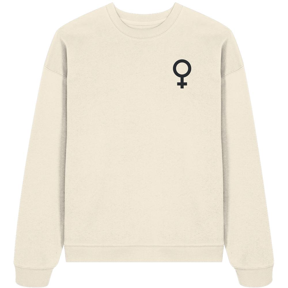 Vegan und Bio Oversized Sweatshirt bestickt: Das Venussymbol, schlichtes Creme-Design, symbolisiert feministischen Kampf. Hergestellt aus 100% Bio-Baumwolle, ideal für nachhaltige Mode.