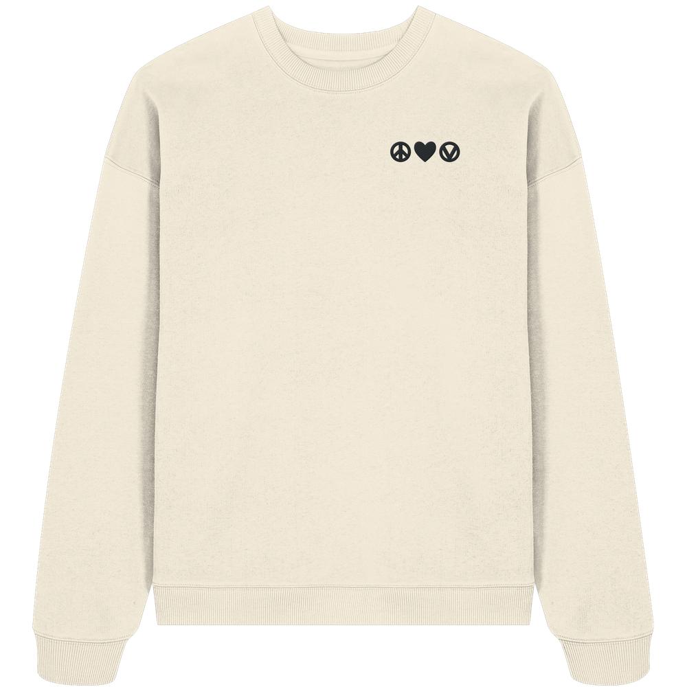 Vegan und Bio Oversized Sweatshirt bestickt: Peace - Love - Veganism. Schlichtes Design mit drei schwarzen Symbolen auf der Brust, aus 100% Bio-Baumwolle, Oversized Fit.