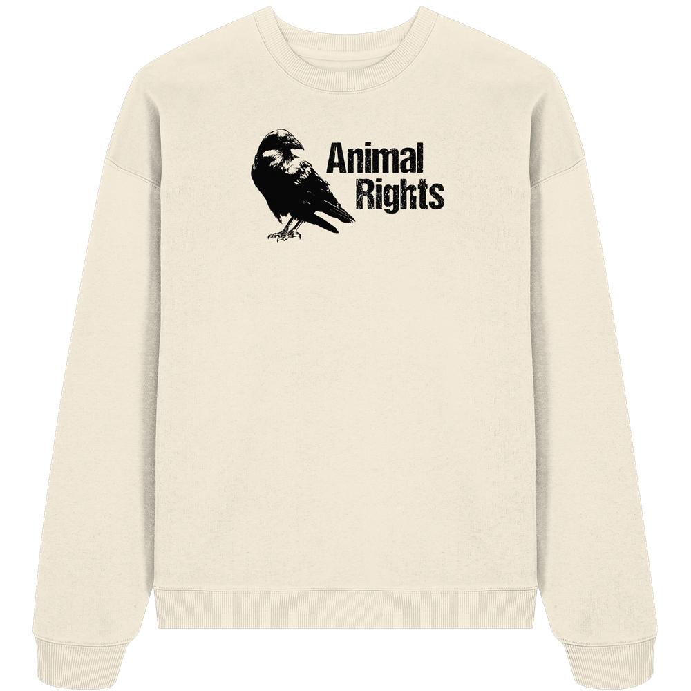 Vegan und Bio Oversized Sweatshirt: Raven - Animal Rights, mit schwarzem Krähen-Grafikdruck und Text, aus 100% Bio-Baumwolle, verkörpert vegane und nachhaltige Mode.