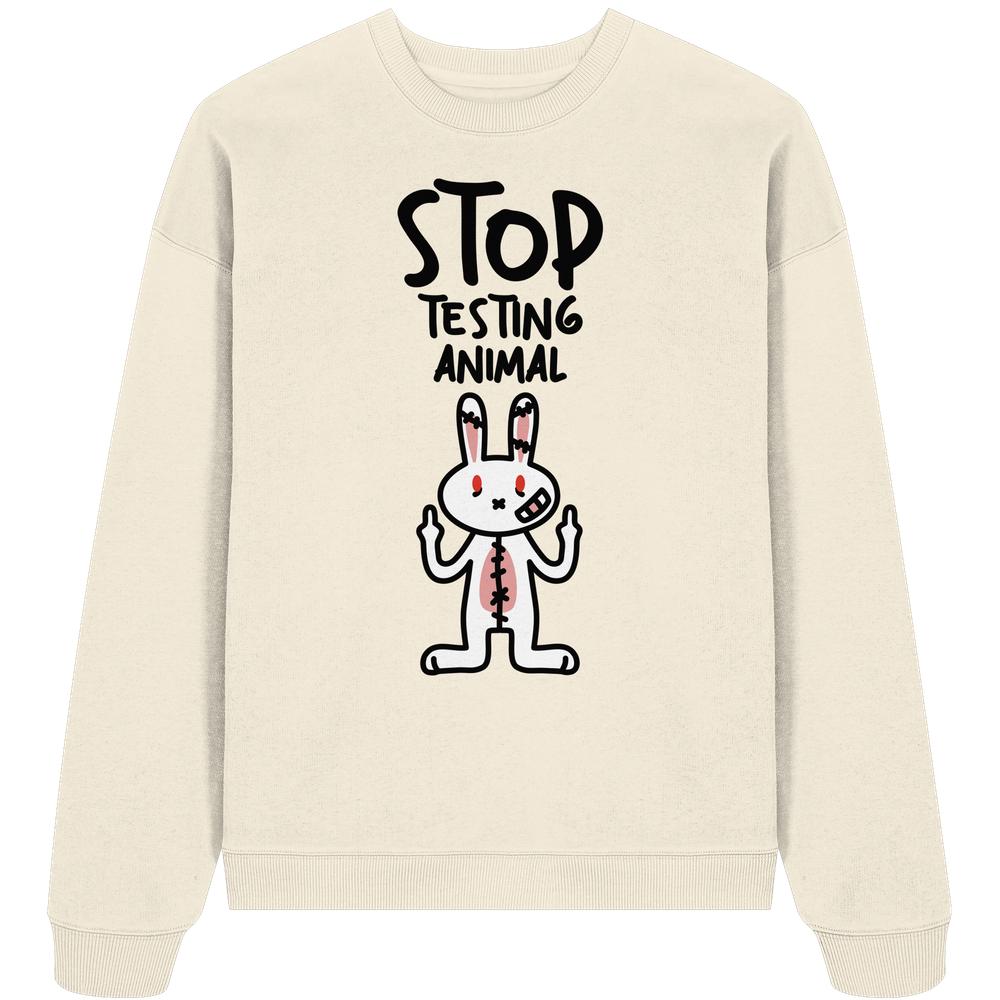 Vegan und Bio: Angry Rabbit - Animal Rights - Organic Oversize Sweatshirt mit handgezeichnetem Hasenmotiv und Anti-Tierversuchs-Slogan, aus 100% Bio-Baumwolle, rebellisches Design von RUDE REBEL.