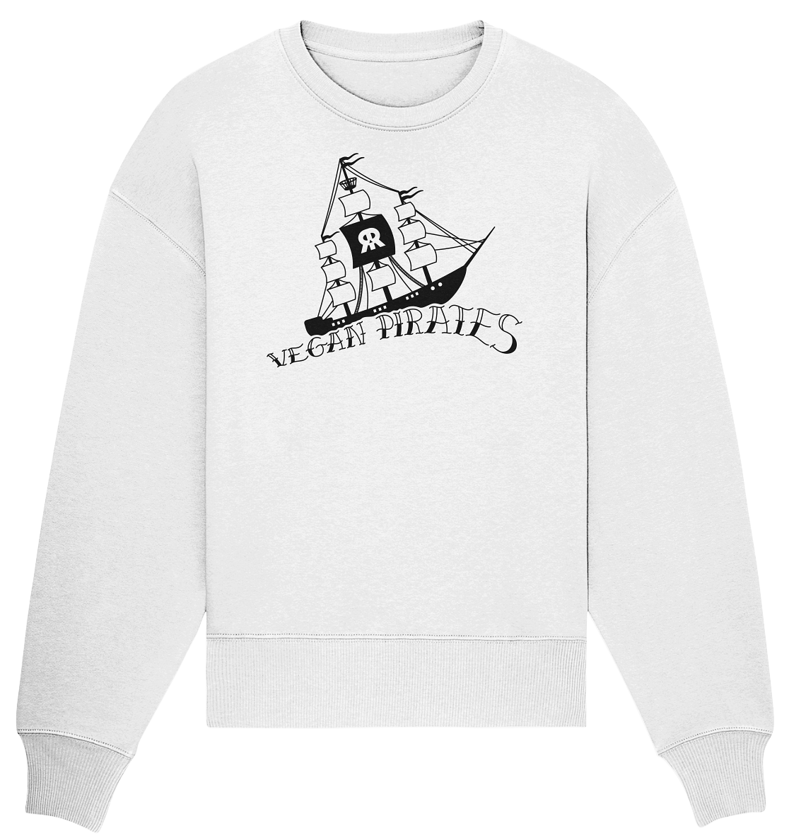 Vegan, Organic & Recycled Oversized Sweatshirt: Vegan Pirates (Piratenschiff und Schriftzug in Wellenform, maritim, Schutz Meereslebewesen) in weiß