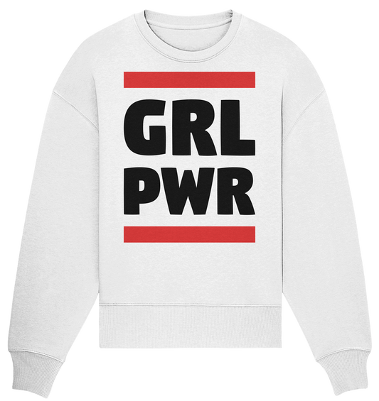 Vegan, Organic & Recycled Oversized Sweatshirt: GIRL POWER - Design mit feministischer Message (bedruckt mit GIRL POWER ohne Vokale und zwei fette Balken, Feminismus Merch, feministische Prints, feministische Kleidung, Gleichberechtigung für Frauen) in weiß