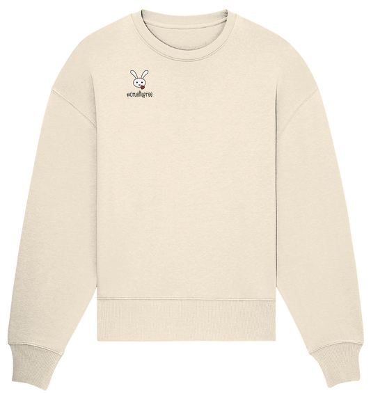 Vegan, Organic & Recycled Oversized Sweatshirt: Crueltyfree Bunny (weißes süßes Häschen und rotes Herz mit Schriftzug, gegen Tierersuche in der Kosmetikindustrie, Vegan für die Tiere, Veganismus) in beige