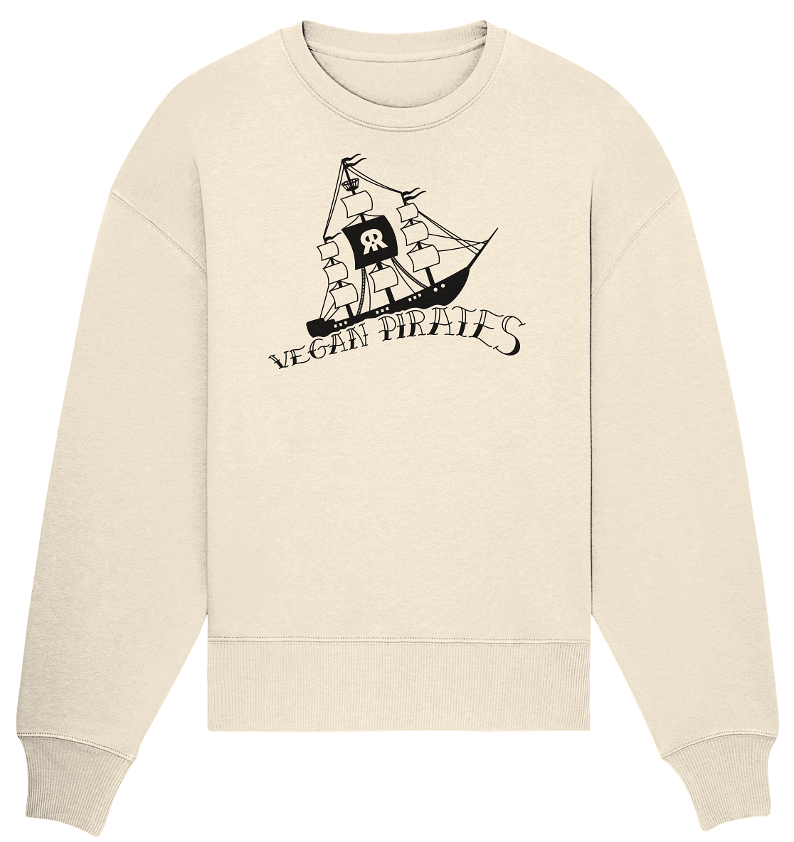 Vegan, Organic & Recycled Oversized Sweatshirt: Vegan Pirates (Piratenschiff und Schriftzug in Wellenform, maritim, Schutz Meereslebewesen) in beige