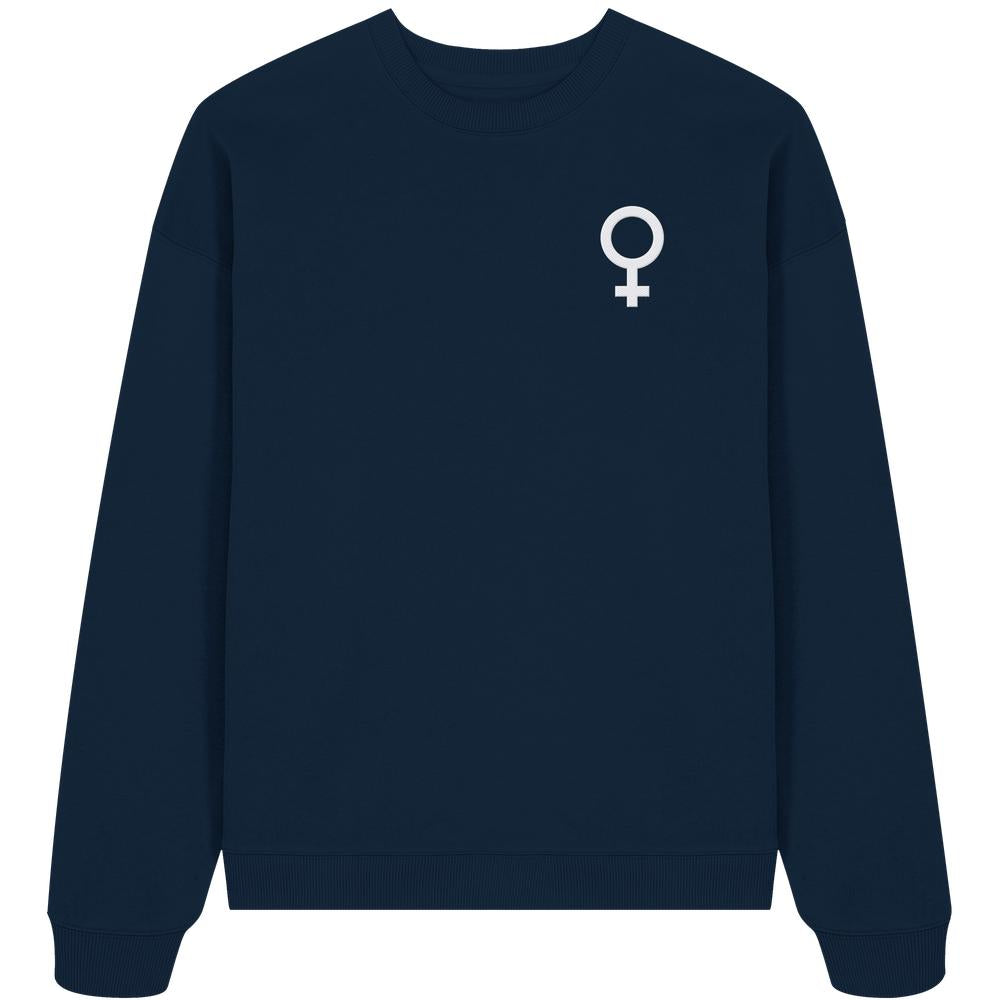 Vegan und Bio Oversized Sweatshirt bestickt: Das Venussymbol - der feministische Kampf, dunkelblaues Langarmshirt mit weißem Venuszeichen auf der Brust, 100% Bio-Baumwolle.