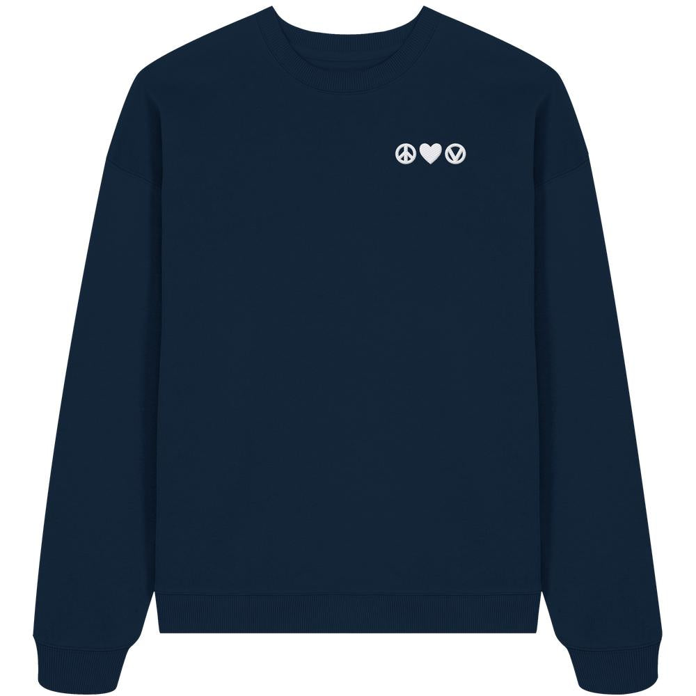 Vegan und Bio Oversized Sweatshirt bestickt: Peace - Love - Veganism, navyblau, mit weißen Symbolen für Frieden, Liebe, Veganismus auf der Brust.