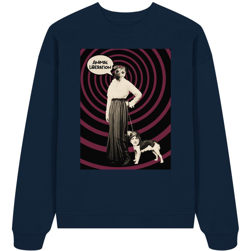 Vegan und Bio UOversized Sweatshirt: Upside Down - Animal Liberation zeigt eine surreale Collage mit Tier-Mensch-Rollentausch, betont Tierrechte, aus 100% Bio-Baumwolle, oversized Schnitt.