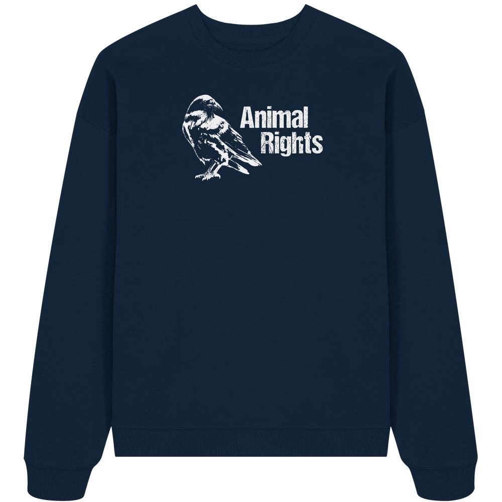Navyblaues Sweatshirt mit weißem, leicht abgenutztem Rabenmotiv und Animal Rights-Schriftzug, aus 100% Bio-Baumwolle, Oversized Fit, betont Tierrechte und Nachhaltigkeit.