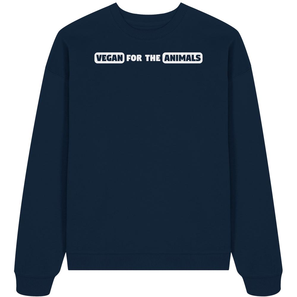 Vegan und Bio Oversized Sweatshirt: VEGAN FOR THE ANIMALS, dunkelblauer Pulli mit weißen Lettern und Boxen, aus 100% Bio-Baumwolle, mit Rippstrickdetails.