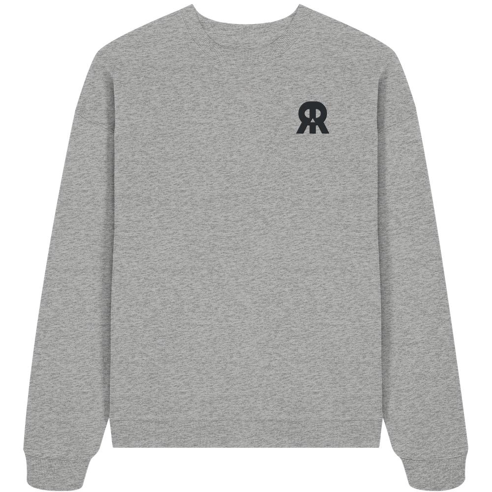 Vegan und Bio Oversized Sweatshirt bestickt: RUDE REBEL Skull, grauer Pullover mit gesticktem Logo auf der Brust, aus 100% Bio-Baumwolle, oversized Schnitt, Teil der RUDE REBEL Kollektion.