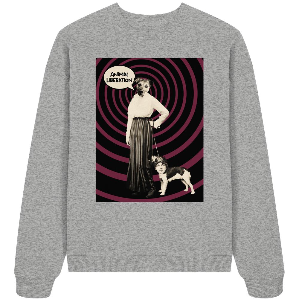 Vegan und Bio Oversized Sweatshirt: Upside Down - Animal Liberation mit surrealem Collage-Print, zeigt Hund mit Menschenkopf und Person mit Hundekopf, inspiriert von Tierrechtsgedanken.