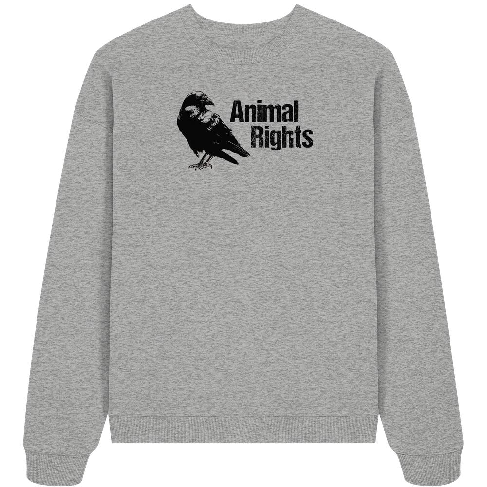 Vegan und Bio Oversized Sweatshirt: Raven - Animal Rights mit schwarzem Rabensilhouette und Schriftzug, aus 100% Bio-Baumwolle, symbolisiert Tierschutz und Naturschutz im RUDE REBEL Stil.