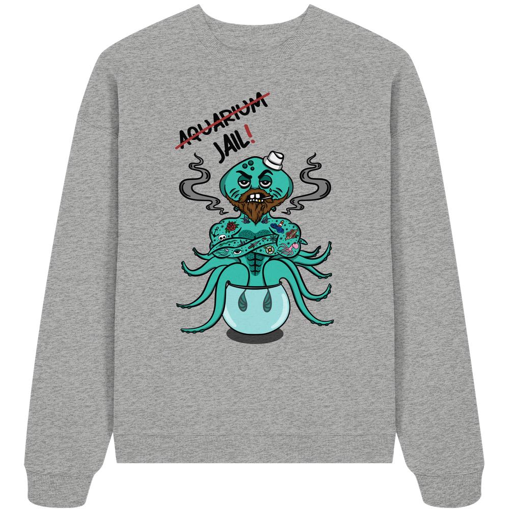 Vegan und Bio Oversized Sweatshirt Animal Rights - Aquarium=Jail! mit Cartoon-Oktopus im Fischglas, rebellisches Design für Tierrechte.