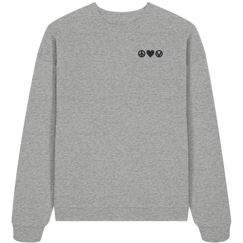 Vegan und Bio Oversized Sweatshirt bestickt: Peace - Love - Veganism. Heather-grauer Crewneck mit schwarzen Symbolen für Frieden, Liebe und Veganismus auf der linken Brust.