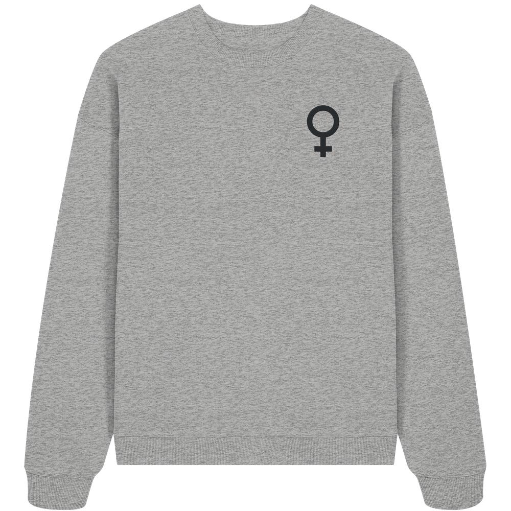 Heather-graues Oversized Sweatshirt mit schwarzem Venussymbol auf der Brust, aus 100% Bio-Baumwolle. Feministisches Design von RUDE REBEL, betont Gleichberechtigung und Nachhaltigkeit.