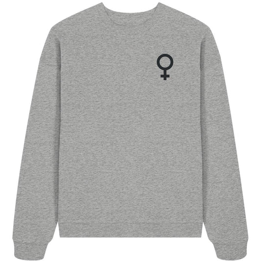 Heather-graues Oversized Sweatshirt mit schwarzem Venussymbol auf der Brust, aus 100% Bio-Baumwolle. Feministisches Design von RUDE REBEL, betont Gleichberechtigung und Nachhaltigkeit.