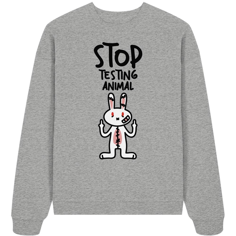 Vegan und Bio: Angry Rabbit - Animal Rights - Organic Oversize Sweatshirt mit Protest-Häschen-Design gegen Tierversuche, aus 100% Bio-Baumwolle, rebellisch und nachhaltig von RUDE REBEL.
