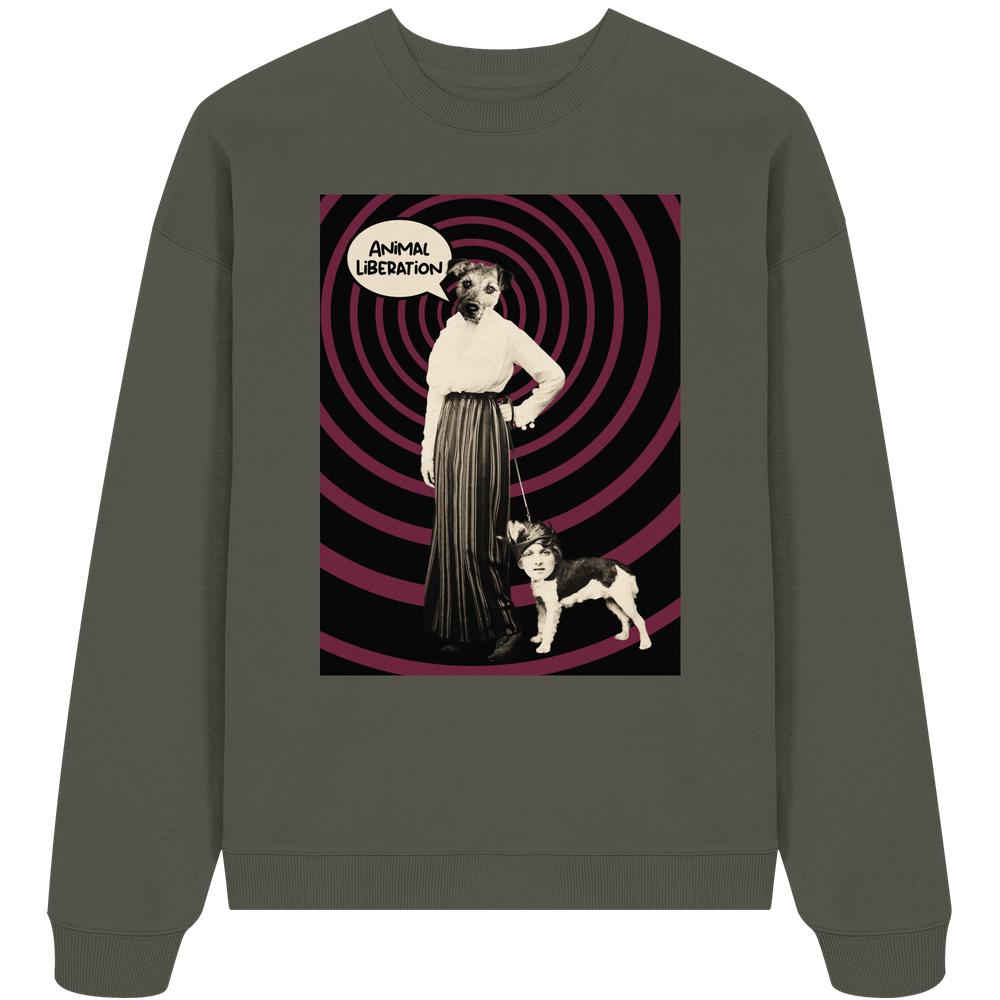 Vegan und Bio UOversized Sweatshirt: Upside Down - Animal Liberation mit surrealem Frontprint, Hund mit Menschenkopf an Leine. Hergestellt aus 100% Bio-Baumwolle, oversized Schnitt.