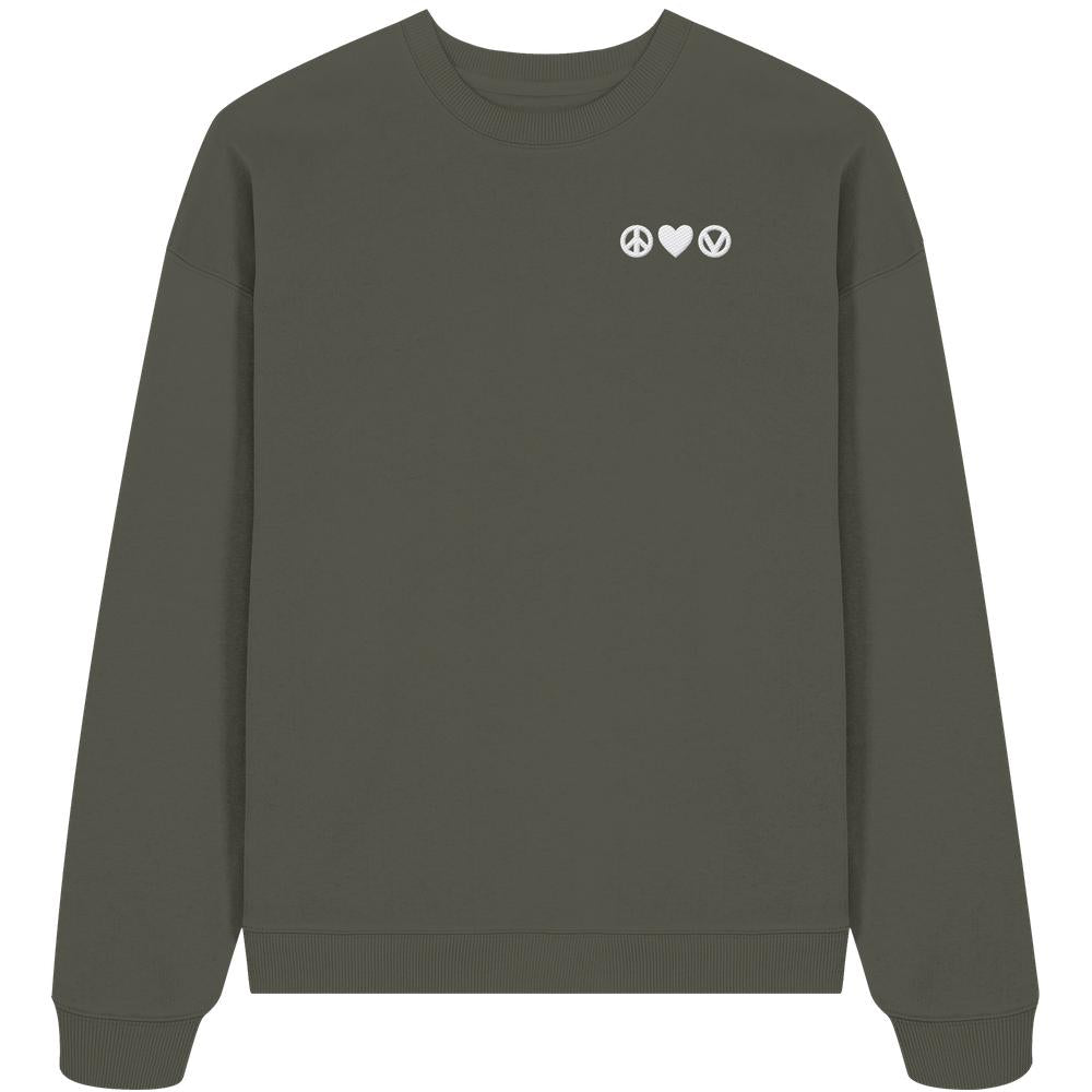 Oversized Sweatshirt mit gestickten Icons: Peace, Love, Veganism. Olive-grün, aus Bio-Baumwolle, mit Rippstrick an Bündchen und Saum. Veganes, nachhaltiges Design von RUDE REBEL.