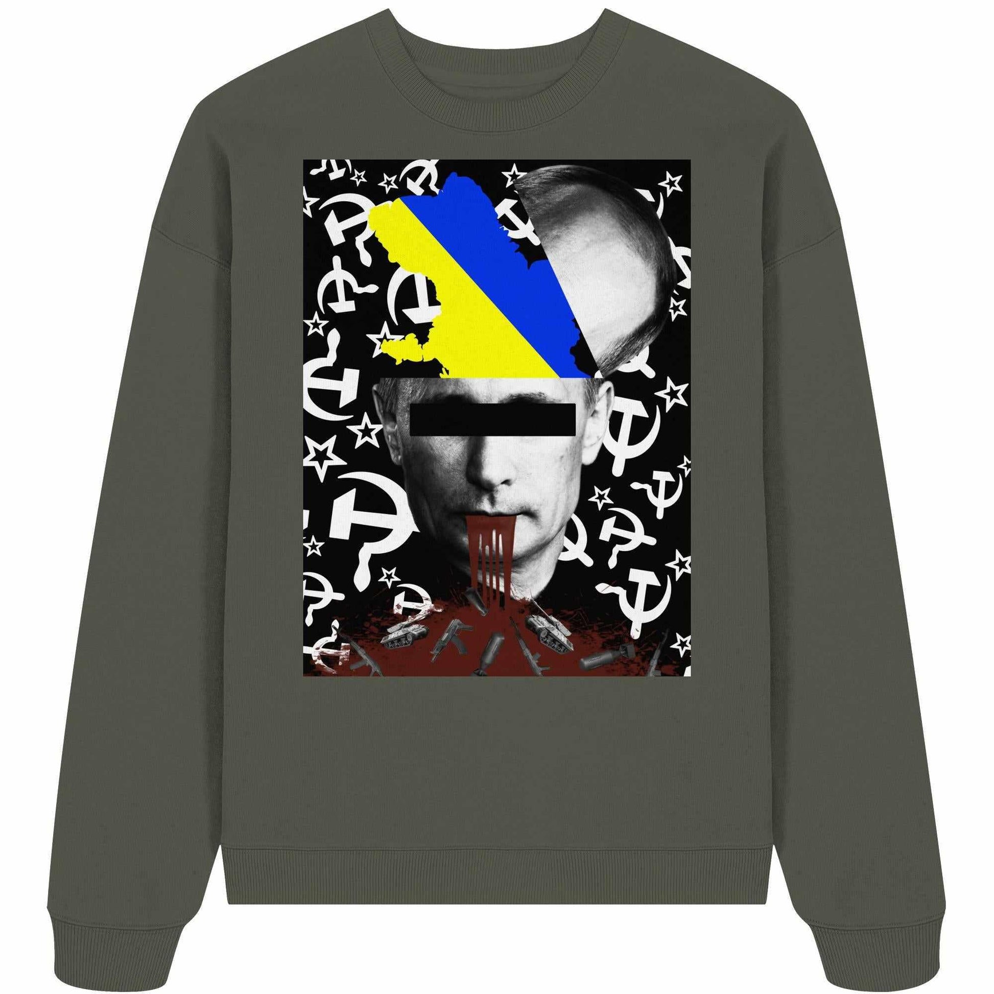 Vegan und Bio Oversized Sweatshirt: STOP WAR IN UKRAINE! mit einem Gesichtsmotiv, symbolisch für Antikrieg, aus 100% Bio-Baumwolle, rebellisches Design von RUDE REBEL.