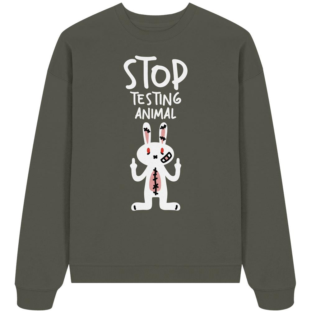Vegan und Bio: Angry Rabbit - Animal Rights - Organic Oversize Sweatshirt mit wütendem Cartoon-Hasen, der gegen Tierversuche protestiert, aus 100% Bio-Baumwolle, oversized Schnitt.