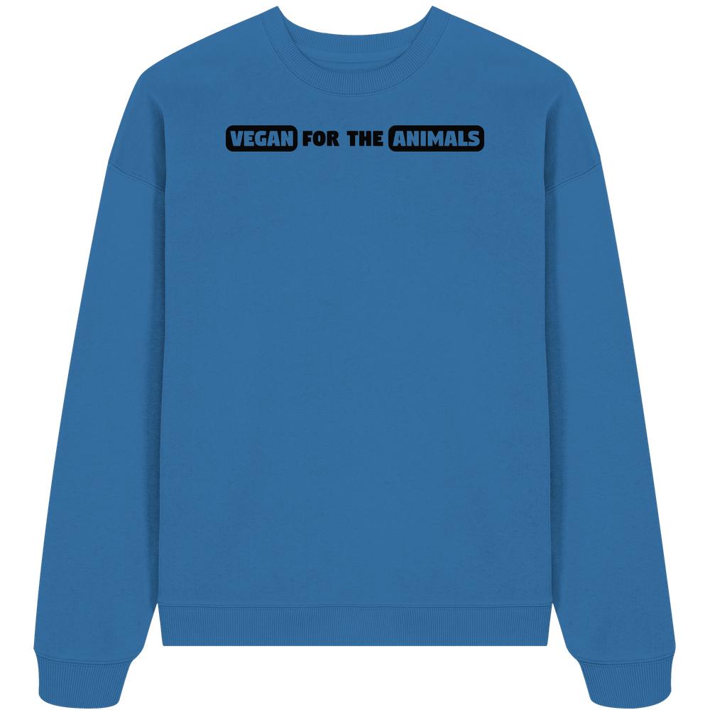 Blauer Oversized-Sweatshirt mit schwarzem Text VEGAN FOR THE ANIMALS auf der Brust, aus 100% Bio-Baumwolle, von RUDE REBEL. Rebellisches Design für Tierrechte.