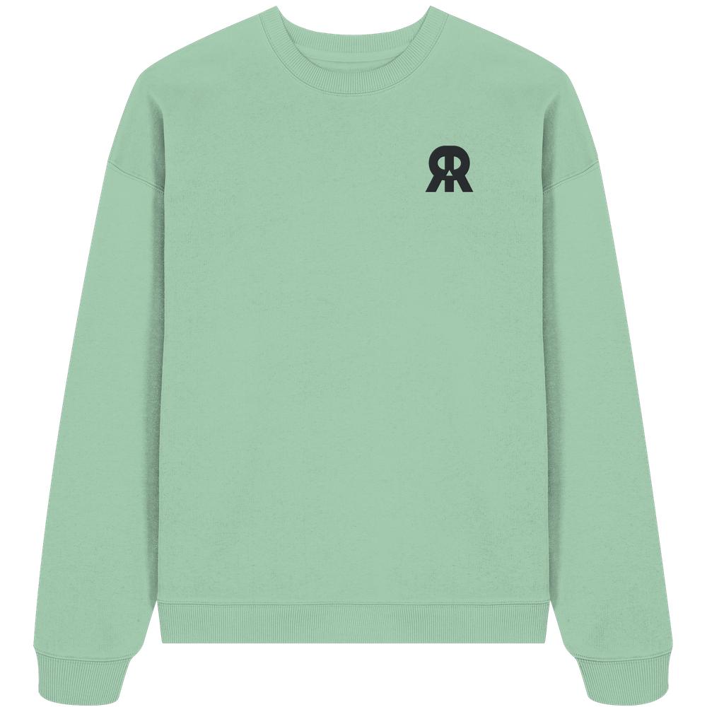 Vegan und Bio Oversized Sweatshirt bestickt: RUDE REBEL Skull, mintgrüner Crewneck mit gesticktem, schwarzen Logo auf der linken Brust. Hergestellt aus 100% Bio-Baumwolle.