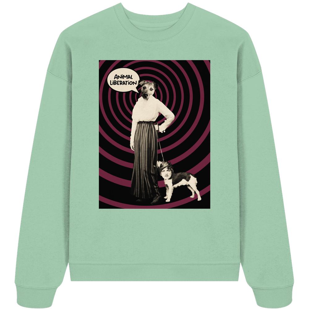 Vegan und Bio Oversized Sweatshirt: Upside Down - Animal Liberation mit surrealem Hund-Mensch-Design, das Tierrechte thematisiert. Hergestellt aus 100% Bio-Baumwolle von RUDE REBEL.