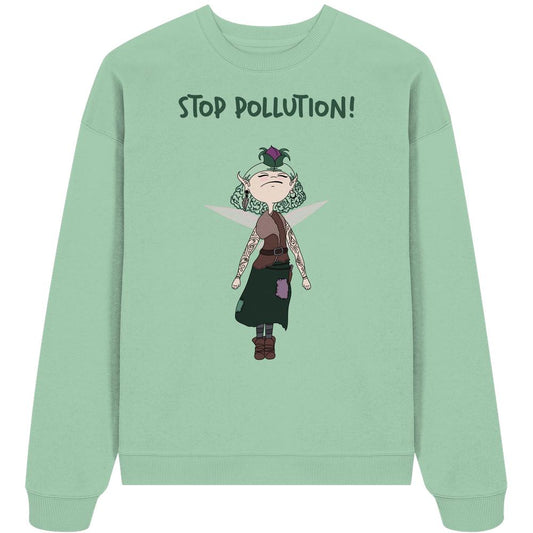 Vegan und Bio Oversized Sweatshirt: STOP POLLUTION! - Krawall Fee mit grünem Haar, Tattoos und lila Blüte, aus 100% Bio-Baumwolle.