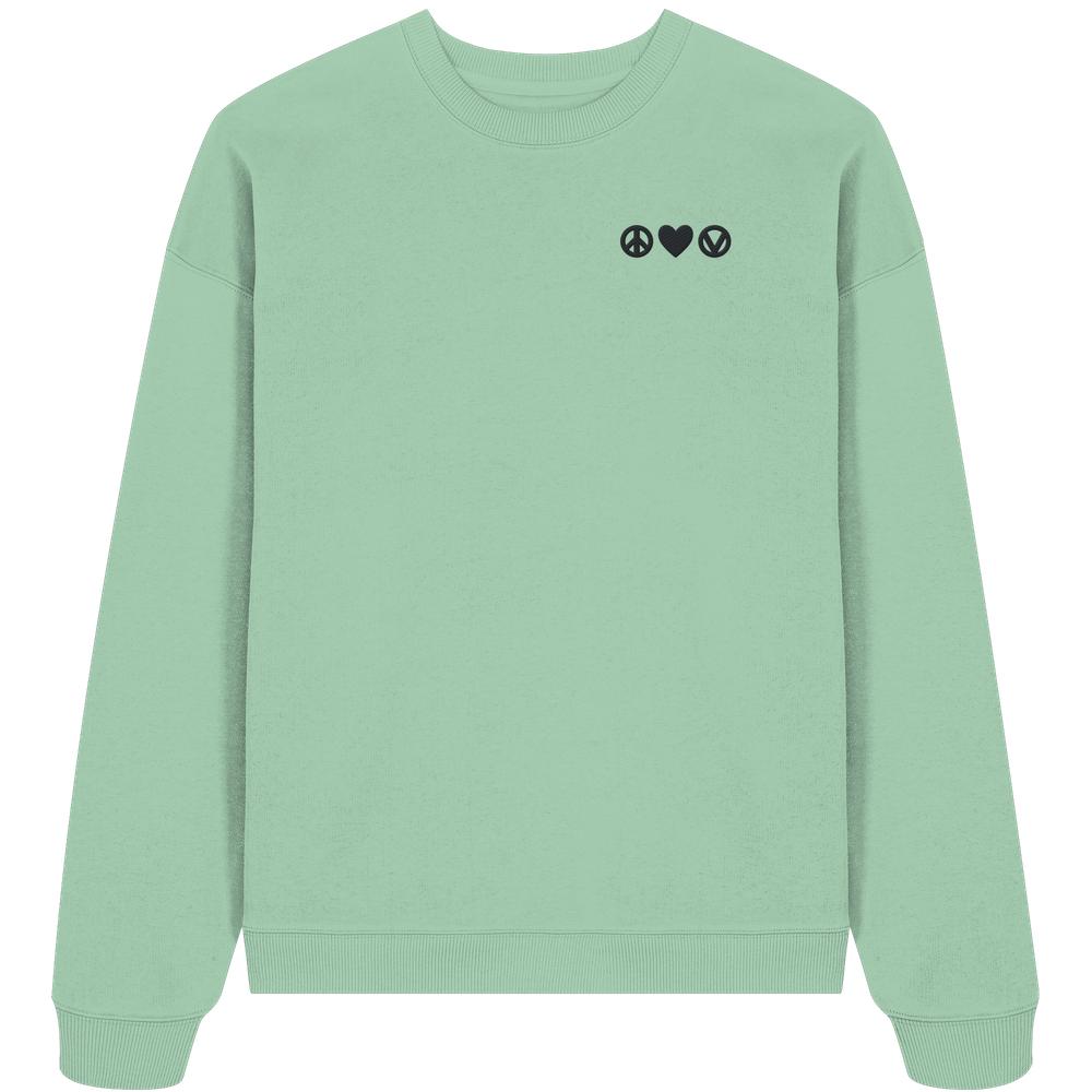Mintgrünes Bio-Sweatshirt mit Peace - Love - Veganism-Stickerei, oversized Fit, veganes Design von RUDE REBEL, verkörpert Nachhaltigkeit und Tierrechte.