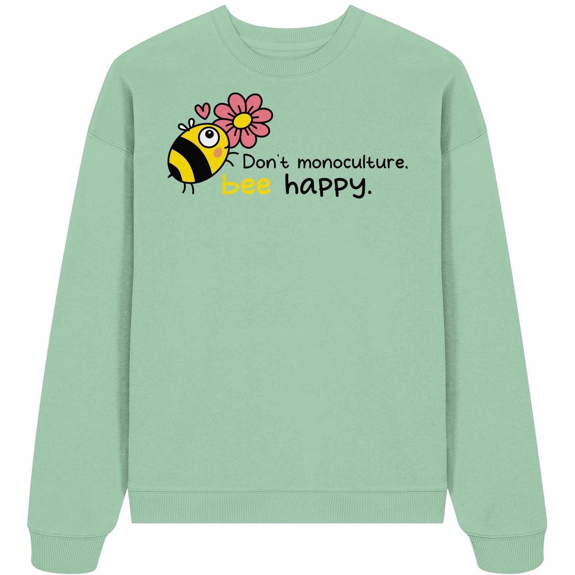 Vegan und Bio Oversized Sweatshirt mit Cartoon-Biene und Blume, aus 100% Bio-Baumwolle, betont Naturschutz und Artenvielfalt.