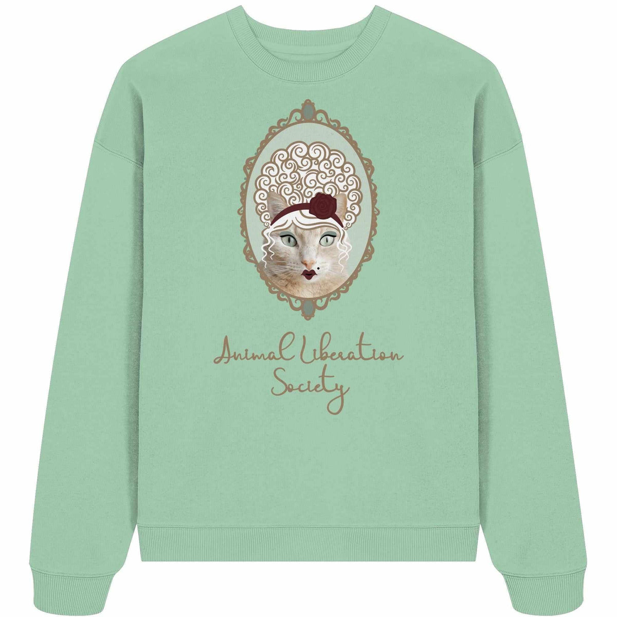 Vegan und Bio Oversized Sweatshirt: Miss Cat - Animal Liberation Society mit Katzenmotiv und Rosenrahmen aus 100% Bio-Baumwolle, rebellisches Design von RUDE REBEL.