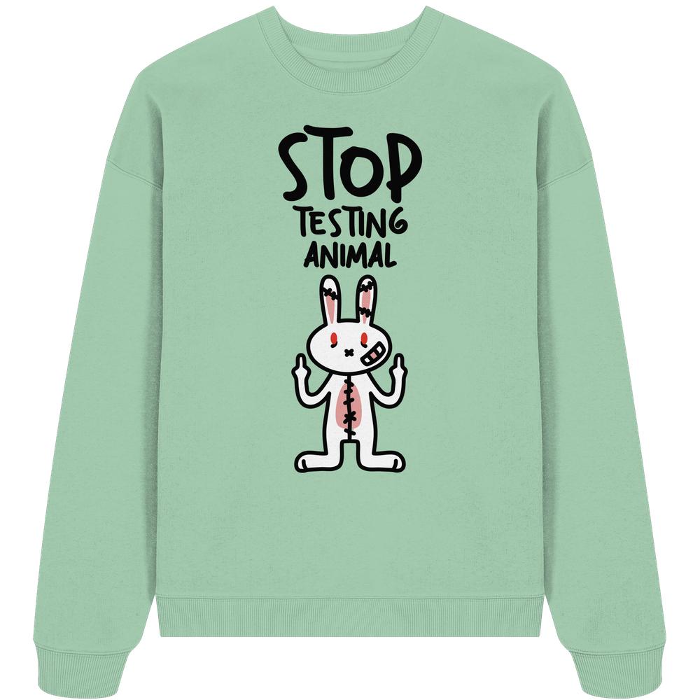 Vegan und Bio: Angry Rabbit - Animal Rights - Organic Oversize Sweatshirt mit wütendem Cartoon-Hasen und STOP TESTING ANIMAL. Slogan, 100% Bio-Baumwolle, rebellisches Statement gegen Tierversuche.