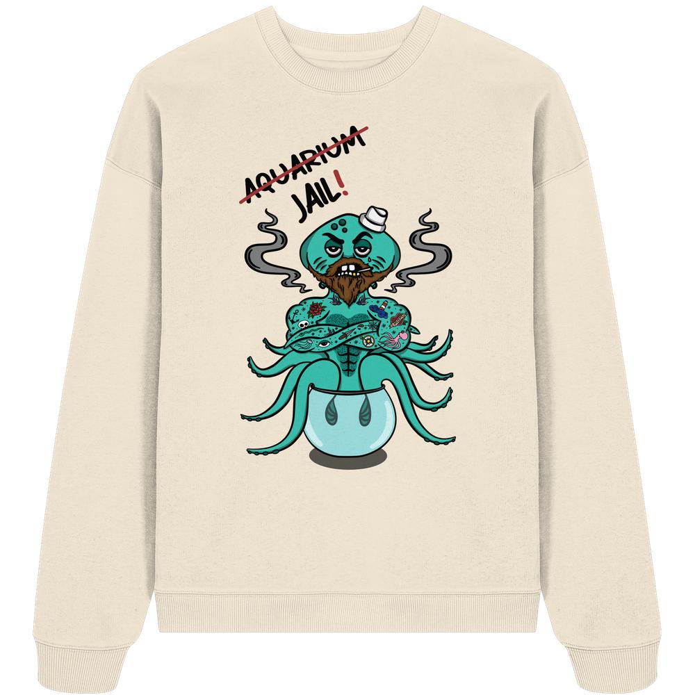 Vegan und Bio Oversized Sweatshirt: Cartoon-Oktopus im Fischglas mit Aquarium=Jail!-Schriftzug, symbolisiert Tierrechtsbotschaft, aus 100% Bio-Baumwolle von RUDE REBEL.