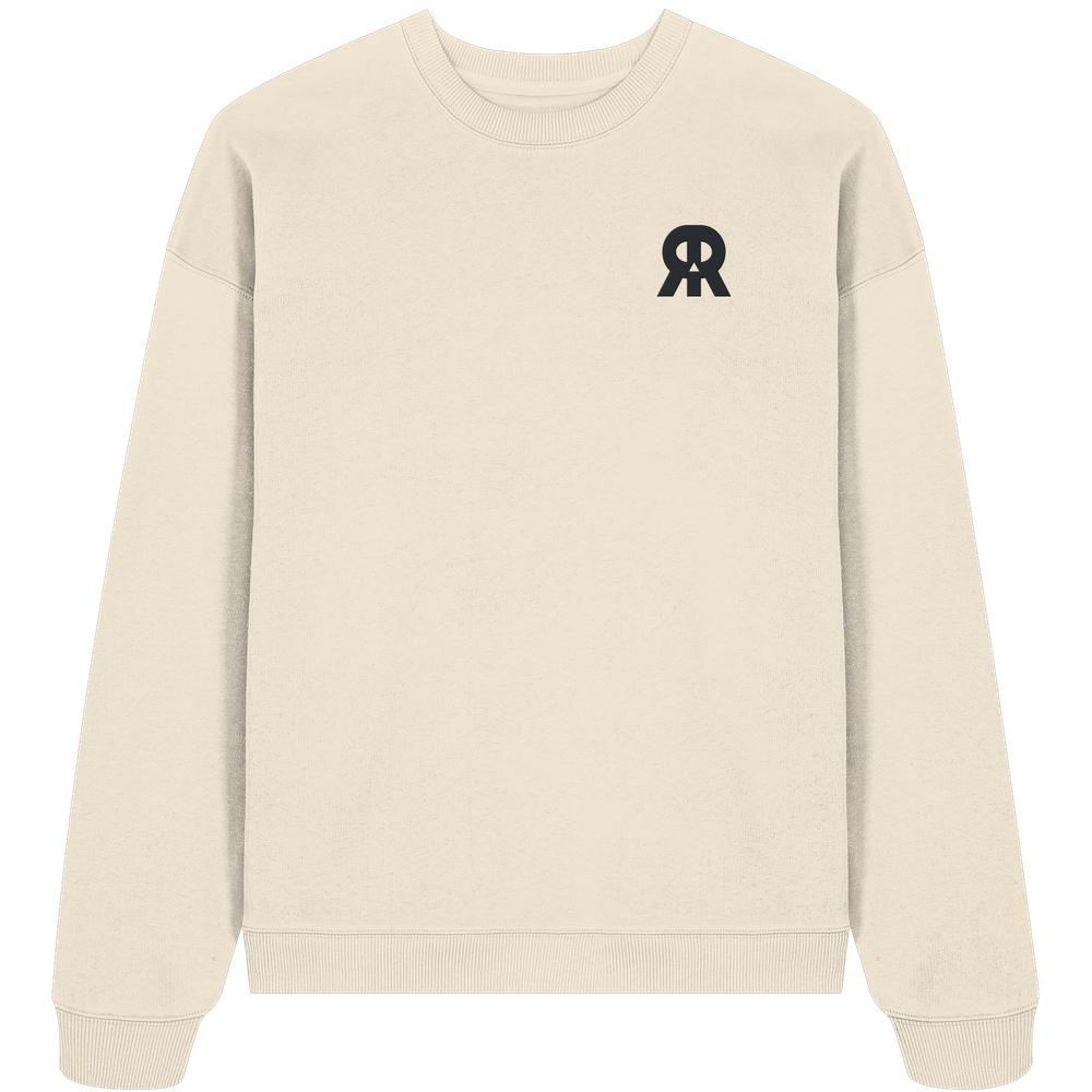 Vegan und Bio Oversized Sweatshirt bestickt: RUDE REBEL Skull, off-white, mit gesticktem, schwarzem Logo links auf der Brust, langärmlig, Rippbündchen, aus 100% Bio-Baumwolle.
