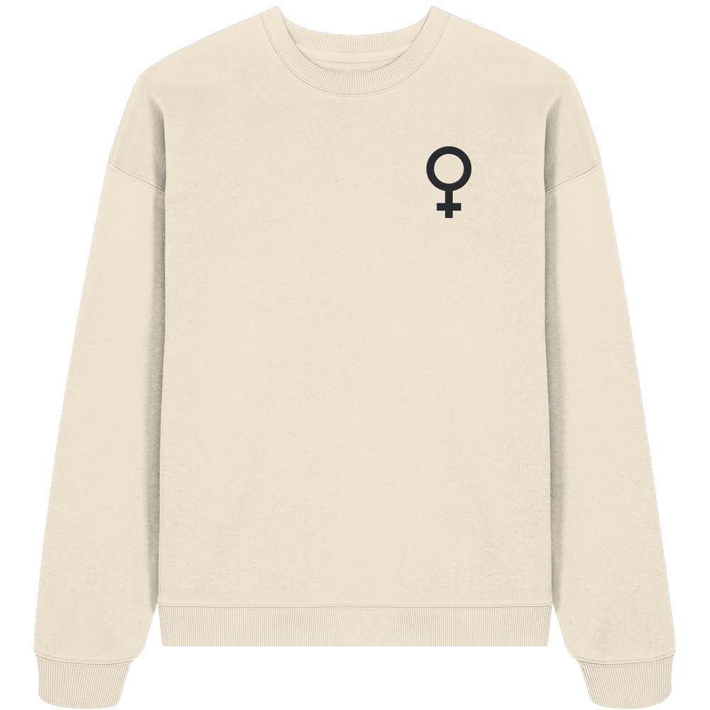 Oversized Bio-Sweatshirt in Creme mit eingesticktem schwarzen Venussymbol auf der linken Brust, symbolisiert den feministischen Kampf. Hergestellt aus 100% Bio-Baumwolle.
