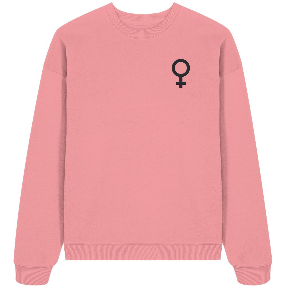 Pinkes Oversized Sweatshirt mit Venus-Symbol bestickt auf der Brust, aus 100% Bio-Baumwolle. Langärmelig mit gerippten Abschlüssen und rundem Ausschnitt.
