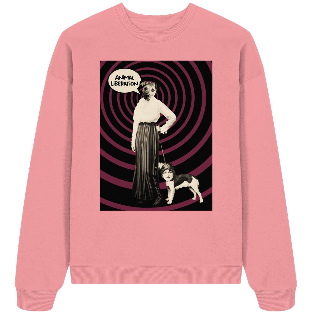 Vegan und Bio Oversized Sweatshirt: Upside Down - Animal Liberation; pink mit surrealer Collage, Hund-Mensch-Motiv, fördert Tierrechte, 100% Bio-Baumwolle, rebellisches Design von RUDE REBEL.