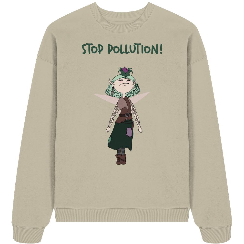 Beiges Oversized Sweatshirt mit STOP POLLUTION!-Slogan und zauberhafter Fee im Umweltdesign, aus Bio-Baumwolle, von RUDE REBEL.