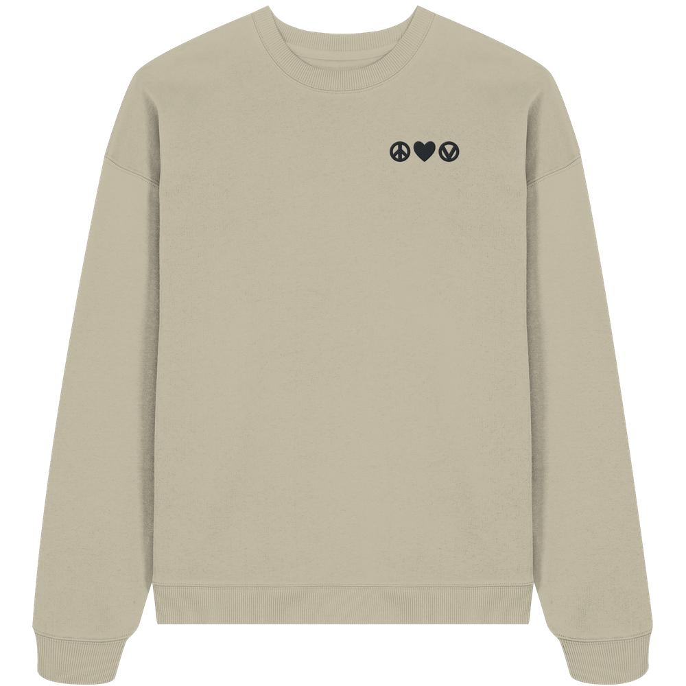 Vegan und Bio Oversized Sweatshirt bestickt: Peace - Love - Veganism, sand-beige, mit Frieden-, Herz- und Vegan-Symbol auf der Brust; aus 100% Bio-Baumwolle.