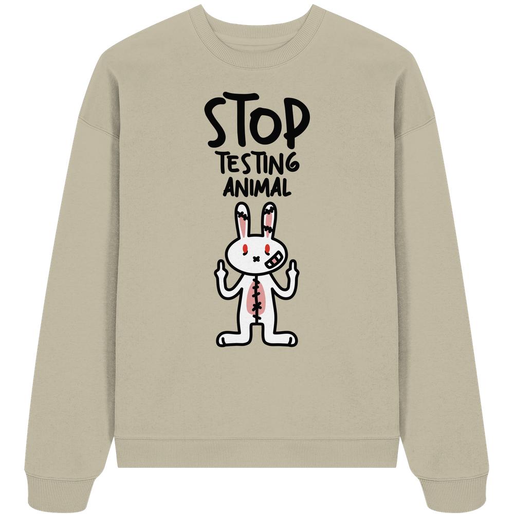 Vegan und Bio: Angry Rabbit - Animal Rights - Organic Oversize Sweatshirt mit gesticktem, wütendem Cartoon-Hasen und STOP TESTING ANIMAL Slogan, rebellisch gegen Tierversuche.