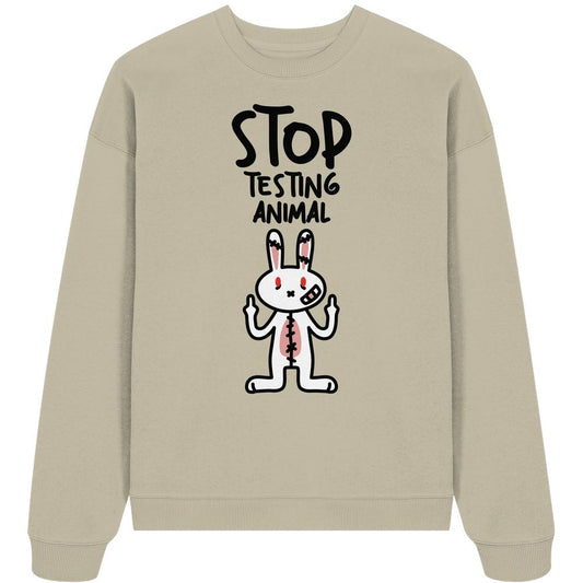 Vegan und Bio: Angry Rabbit - Animal Rights - Organic Oversize Sweatshirt mit gesticktem, wütendem Cartoon-Hasen und STOP TESTING ANIMAL Slogan, rebellisch gegen Tierversuche.