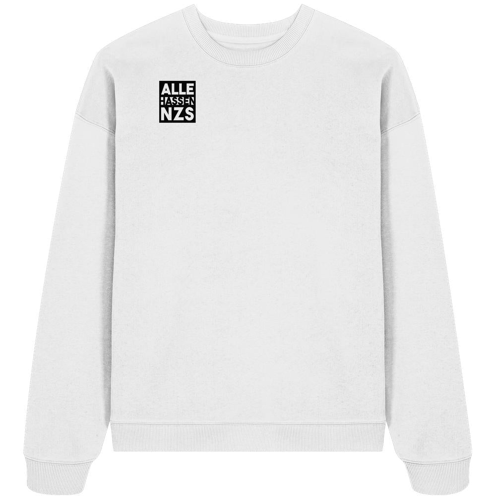 Vegan und Bio Oversized Sweatshirt mit schwarzem Quadrat und ALLE HASSEN NZS.-Aufdruck auf der Brust, aus 100% Bio-Baumwolle.