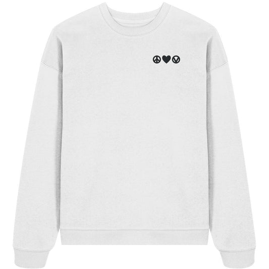 Vegan und Bio Oversized Sweatshirt bestickt: Peace - Love - Veganism, mit drei kleinen schwarzen Symbolen auf der Brust. Aus 100% Bio-Baumwolle, lässiger Oversized Fit.