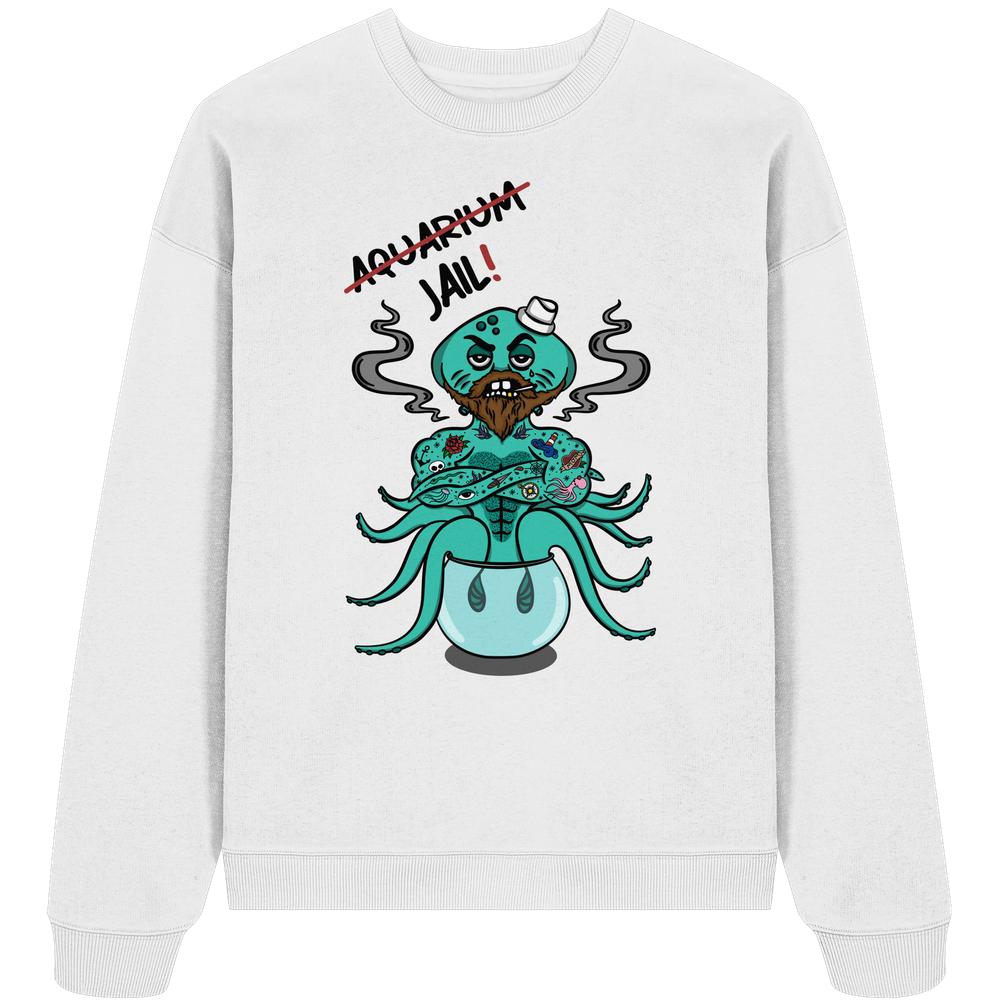 Weißes Bio-Sweatshirt mit Cartoon-Oktopus in Fischglas, der Aquarium durchgestrichen und Jail! ersetzt. Thema Tierrechte, betont vegane und nachhaltige Botschaft.